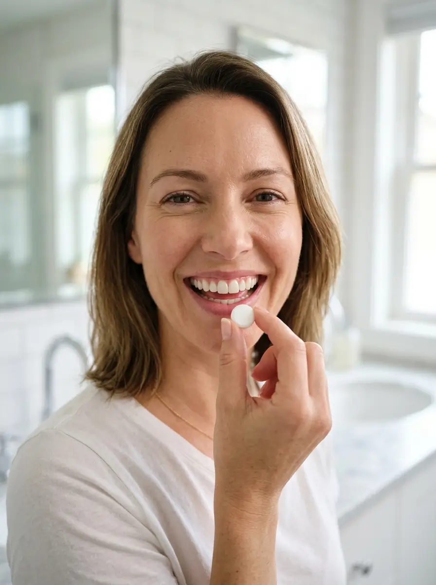 Smiling woman in a modern bathroom after her daily oral care routine, illustrating the concept of dental probiotics and oral wellness.