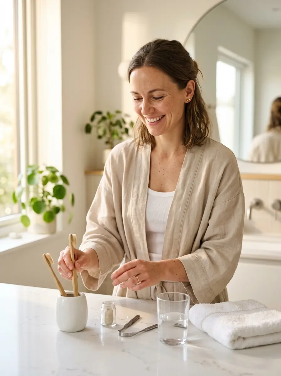 Woman completing her daily oral care routine in a bright bathroom, illustrating the importance of consistency and healthy long-term oral wellness habits.