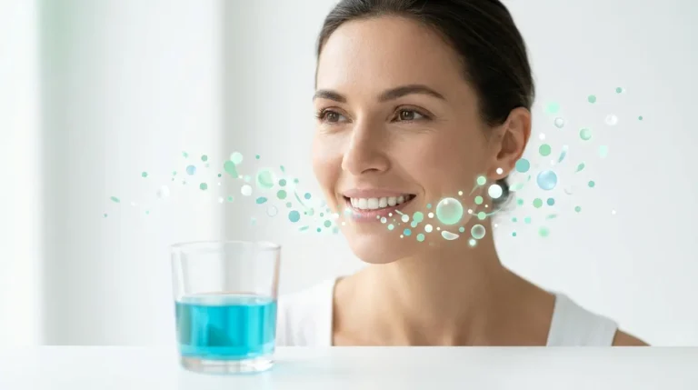Can Mouthwash Harm the Oral Microbiome: Woman with a healthy smile surrounded by abstract microbiome-inspired particles beside a glass of blue mouthwash, representing balance in the oral microbiome.