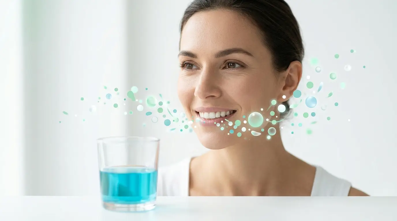 Can Mouthwash Harm the Oral Microbiome: Woman with a healthy smile surrounded by abstract microbiome-inspired particles beside a glass of blue mouthwash, representing balance in the oral microbiome.