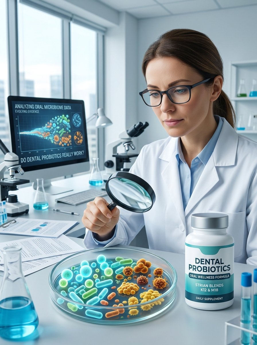 Do Dental Probiotics Really Work: Person researching dental probiotics and the oral microbiome while reviewing scientific information in a bright, modern wellness setting.