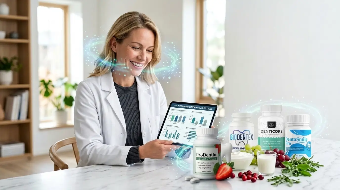 Dental Probiotics Really Work: Healthy middle-aged adult reviewing research on dental probiotics with fresh probiotic foods and natural ingredients representing oral microbiome wellness.