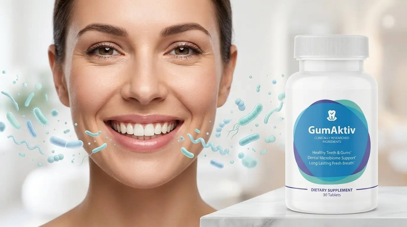 GumAktiv Review: GumAktiv oral probiotic supplement with smiling woman and oral microbiome illustration