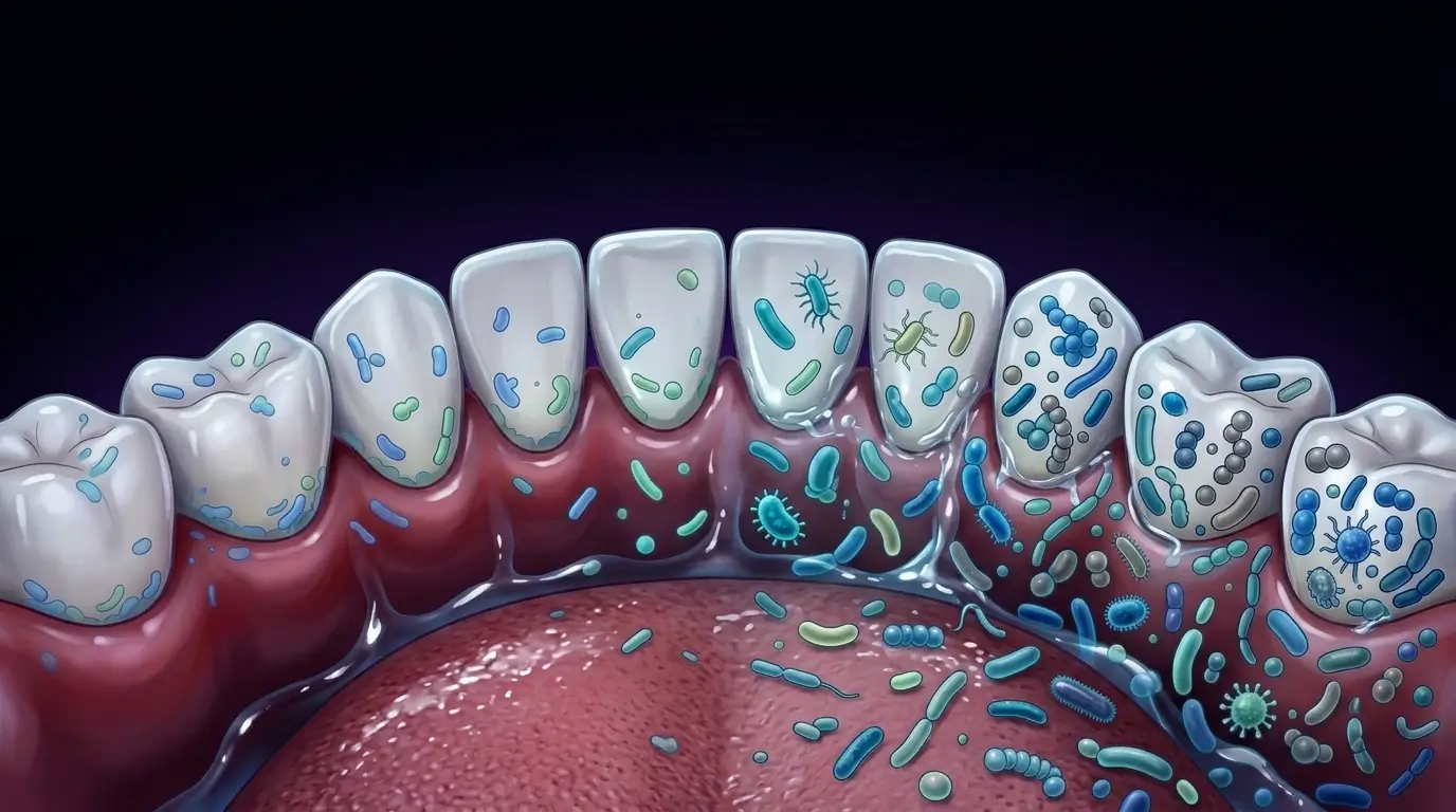 How Long Does It Take to Restore the Oral Microbiome: Educational illustration showing the gradual recovery of oral microbiome diversity from microbial imbalance toward a more balanced oral ecosystem.