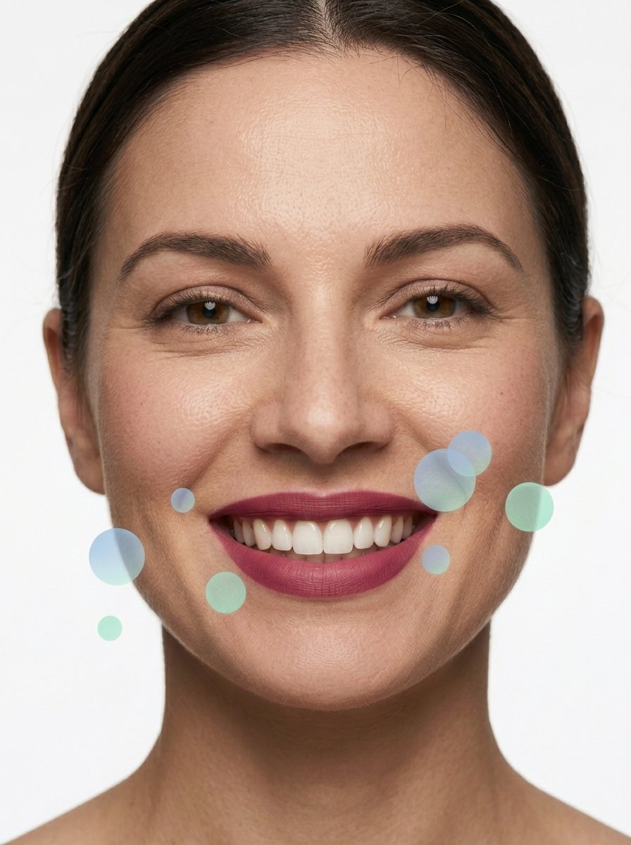 Smiling woman with healthy white teeth surrounded by floating blue and green microbiome-inspired particles, illustrating oral microbiome balance, fresh breath, and overall oral wellness.