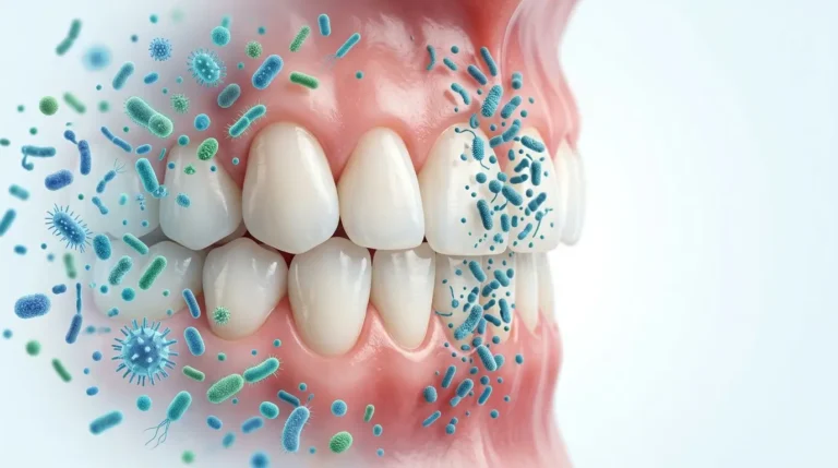 : Scientific visualization of oral dysbiosis showing the difference between a balanced oral microbiome and an imbalanced microbial environment.