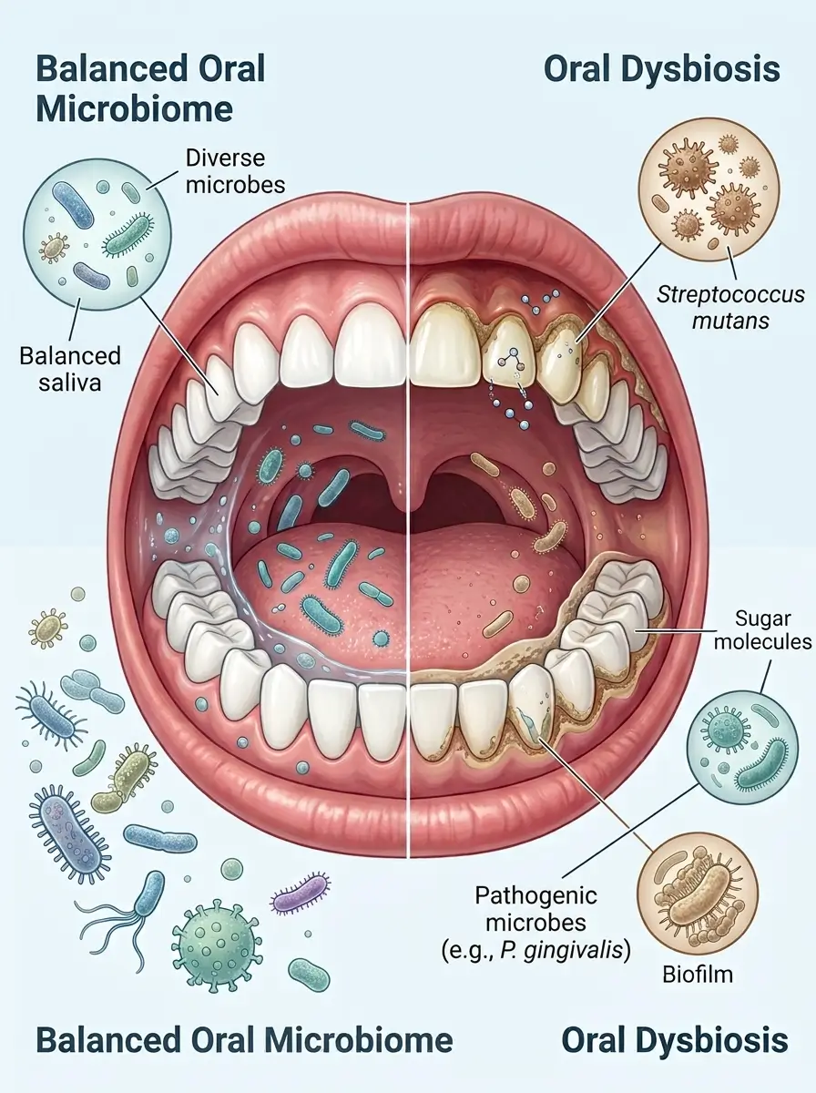 What Is Oral Dysbiosis : Educational illustration comparing a balanced oral microbiome with oral dysbiosis, showing reduced microbial diversity and changes in the oral environment.