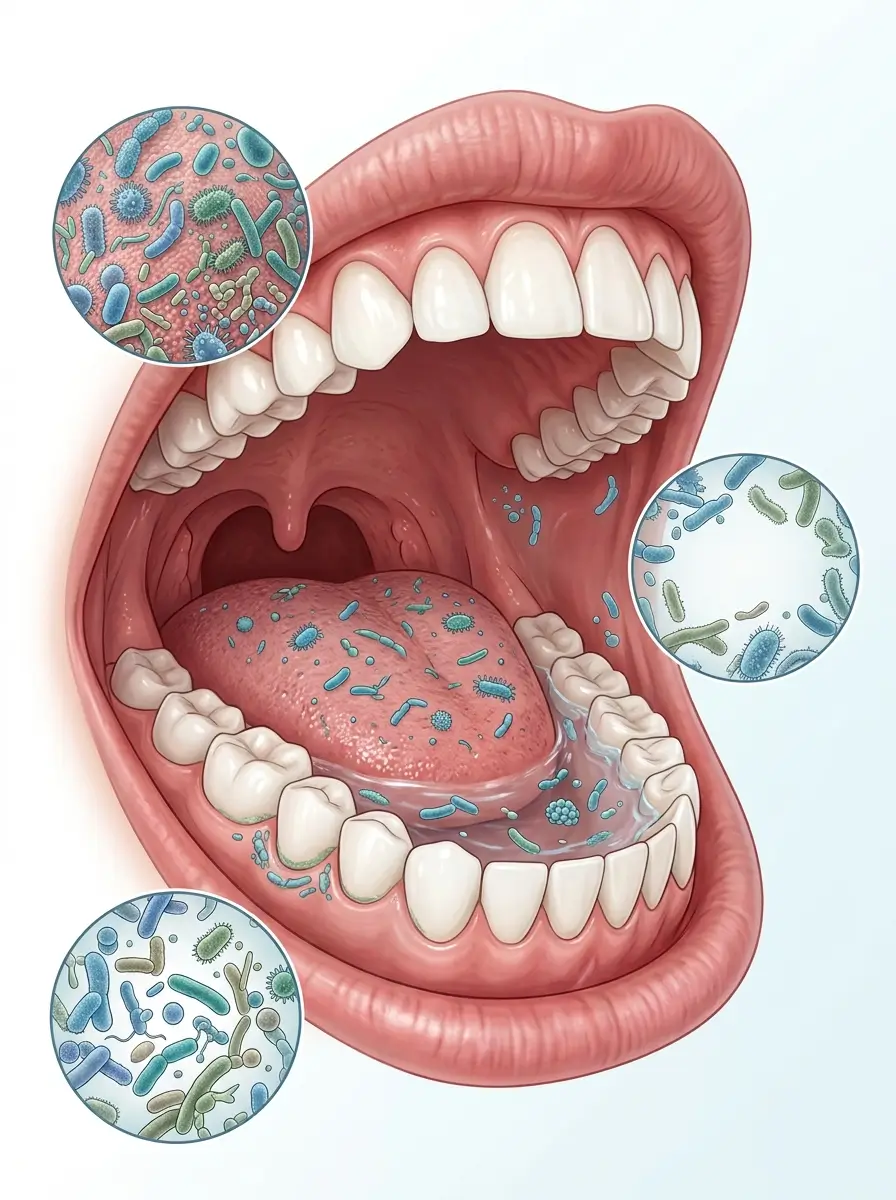 How Long Does It Take to Restore the Oral Microbiome - Educational illustration showing different microbial communities living on the tongue, teeth, gums, and in saliva as part of the oral microbiome.